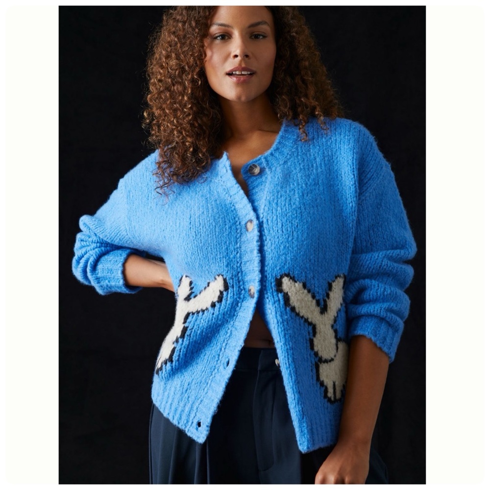 NWT Anthropologie Maeve Bunny Slope Cardigan front buttons Sweater in Blue, L - Picture 2 of 13